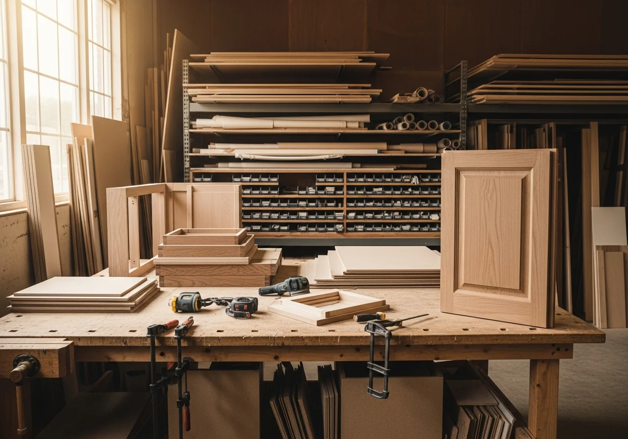 Cabinet shop workspace with tools and materials ready for kitchen cabinet refacing and custom installation projects.