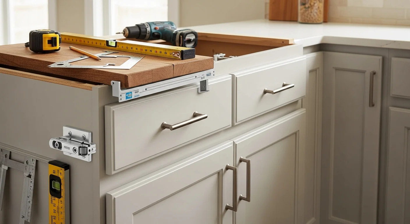 Freshly installed cabinet pulls on white refaced kitchen cabinet doors in a Marietta home. Close-up view shows evenly spaced hardware aligned across upper and lower cabinet doors.
