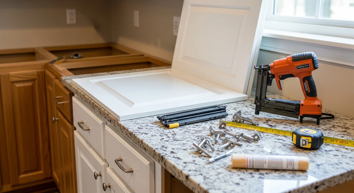 Refaced kitchen cabinets in a Marietta home showing new white door fronts, updated drawer hardware, and fresh veneer on the cabinet boxes. The existing kitchen layout and countertops remain in place after the New Vision Cabinet Refacing service.
