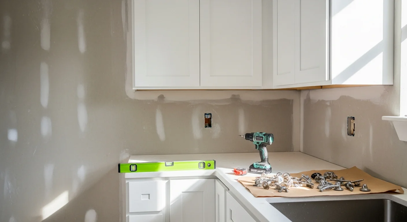 Newly installed white shaker-style kitchen cabinets with brushed hardware in a Marietta home, replacing original builder-grade cabinetry. The finished kitchen shows floor-to-ceiling cabinet runs with clean alignment and open counter space.