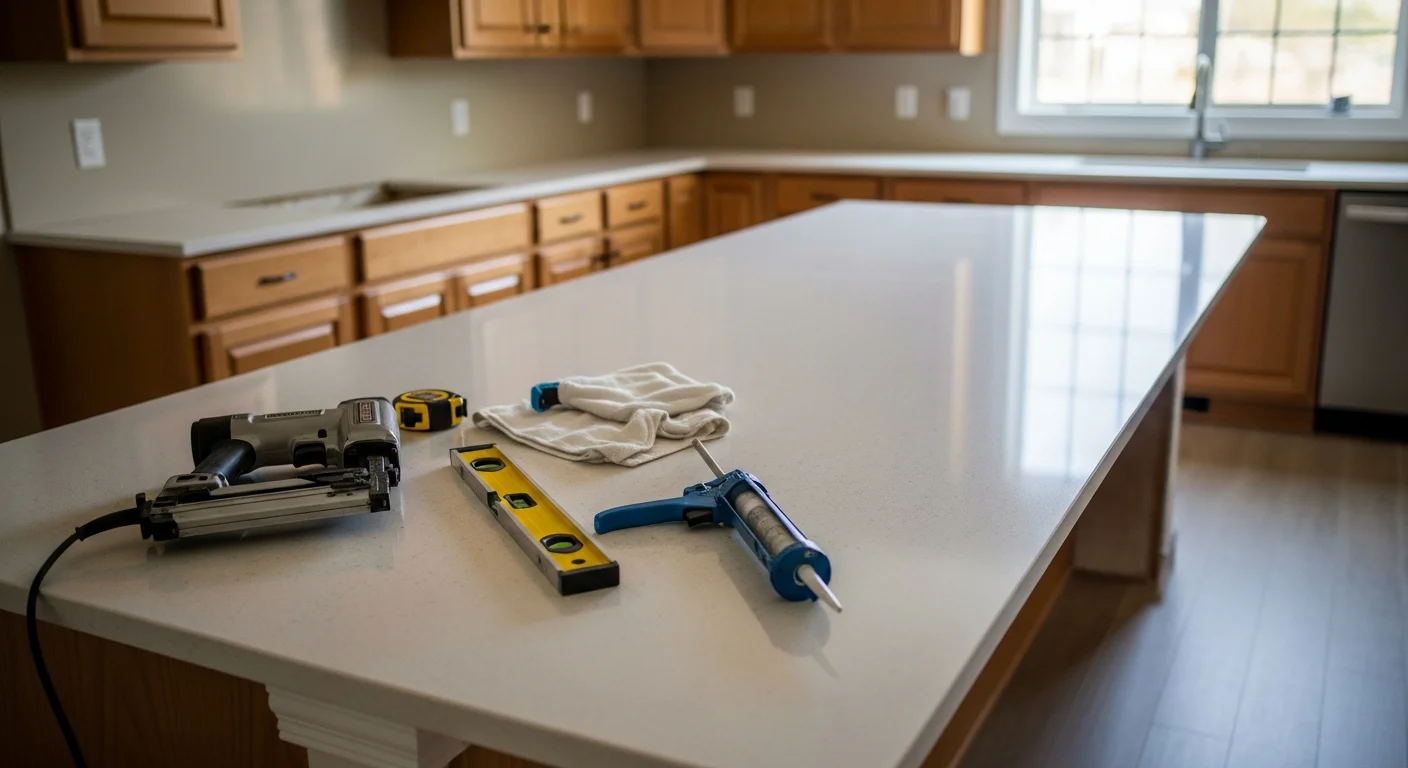 Newly installed kitchen countertop in a Marietta home with clean edge finishing and updated cabinet fronts visible below. The surface shows precise seam work and a smooth finish consistent with a professional countertop installation.