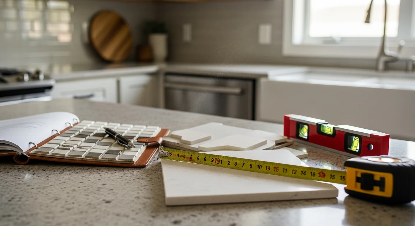 A New Vision Cabinet Refacing specialist measuring a kitchen countertop surface in a Marietta home, with a tape measure placed across the cabinet top near the sink area. The kitchen shows existing wood-tone cabinets and a standard double-basin sink awaiting countertop replacement.