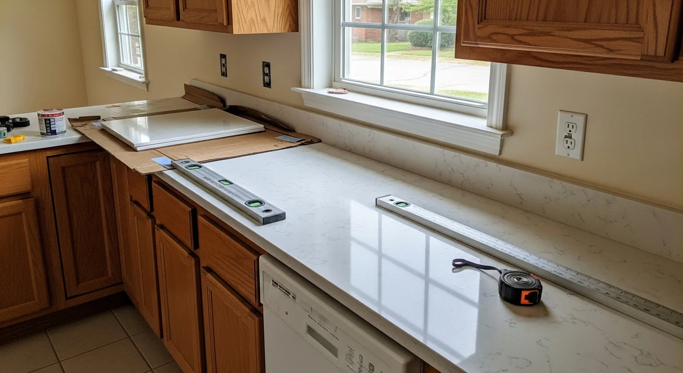 Newly installed countertop in a Marietta kitchen, showing a clean surface fitted to white cabinets with an undermount sink. The updated kitchen reflects the style common in Cobb County home renovations.
