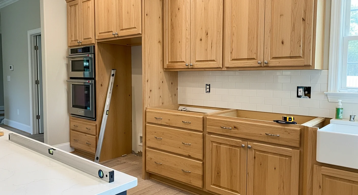 Newly installed custom wood cabinets in a Marietta kitchen, with upper and lower cabinets aligned flush against painted walls and a window above the sink. Cabinet doors are shaker-style with brushed hardware, reflecting a transitional design common in Cobb County homes.