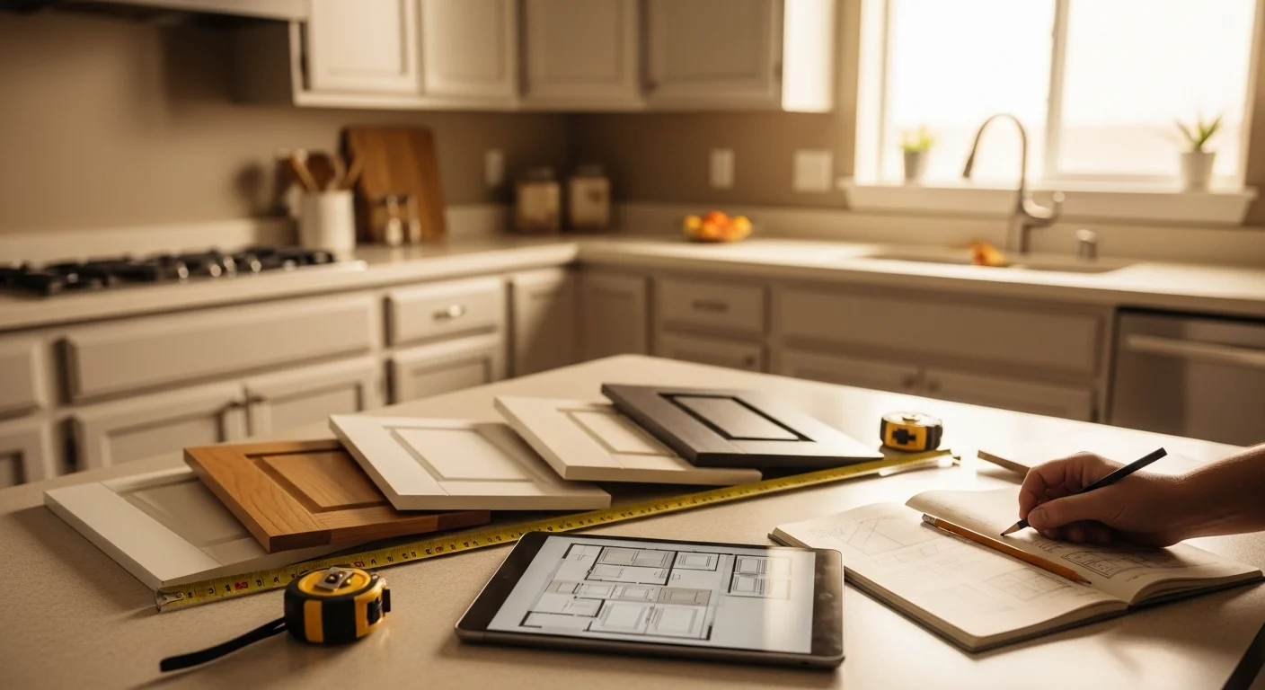 A Marietta kitchen with updated cabinet doors in a shaker style, showing clean lines and organized storage in a mid-century ranch-style home interior. A cabinet design consultation layout plan rests on the countertop beside paint and finish samples.