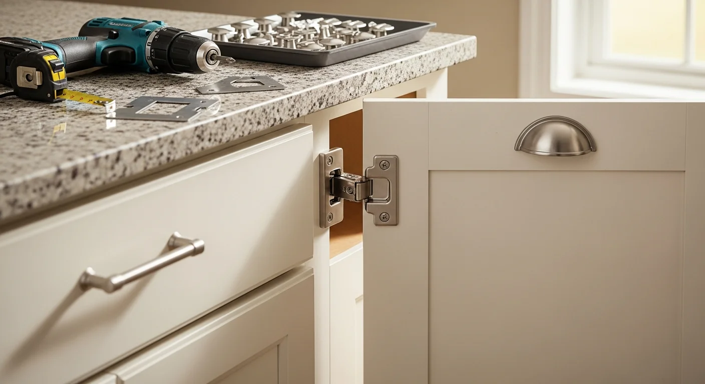 Close-up of newly installed matte black bar pulls on white refaced kitchen cabinet doors in a Marietta home. The kitchen shows consistent hardware placement across upper and lower cabinets with updated drawer pulls visible on the island.