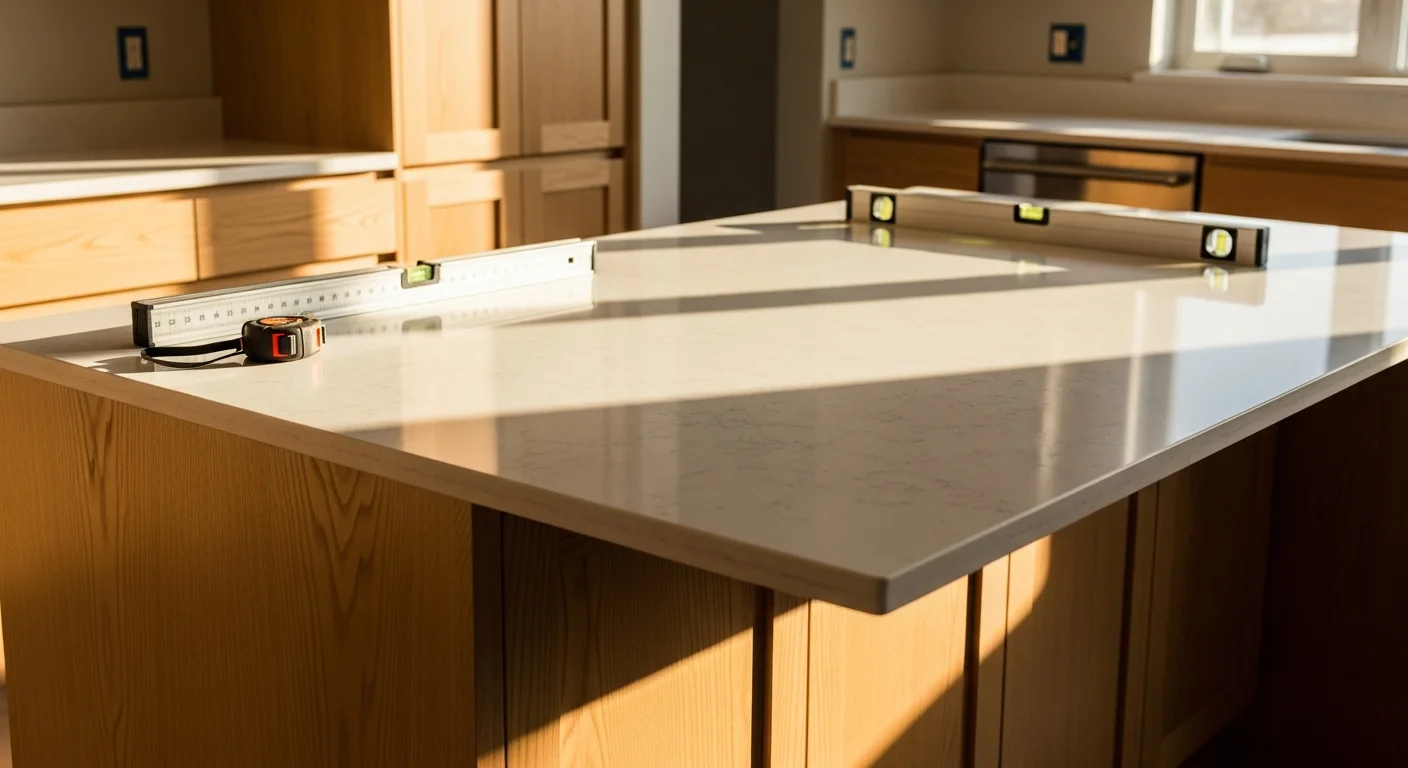 A finished kitchen island countertop installation in a Marietta home, showing a smooth stone surface with clean edge detailing and flush fit over white island cabinets. The open-concept kitchen layout is visible in the background.