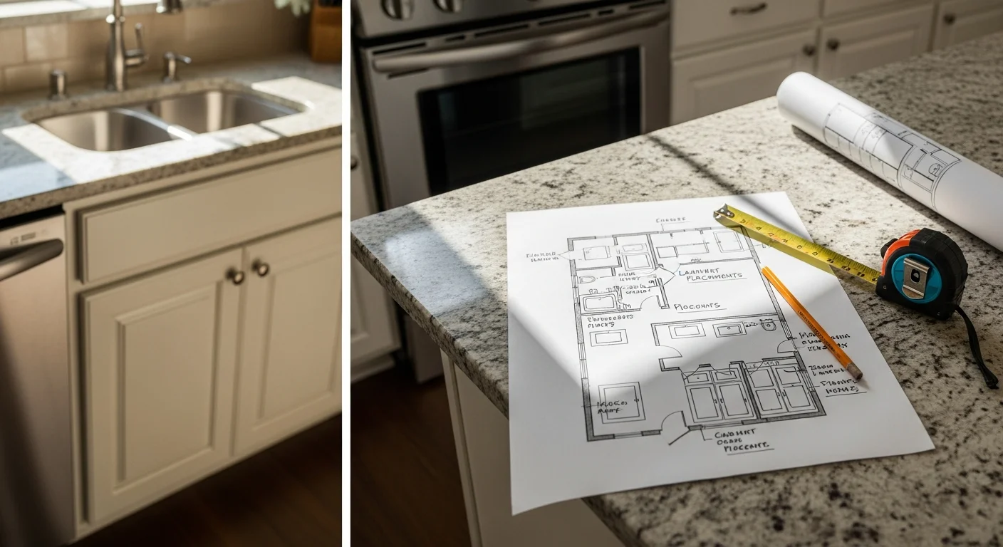 Redesigned open-concept kitchen in a Marietta home showing improved work zones, added counter space, and a layout that connects to the adjoining dining area. New Vision Cabinet Refacing kitchen layout redesign result in Cobb County.