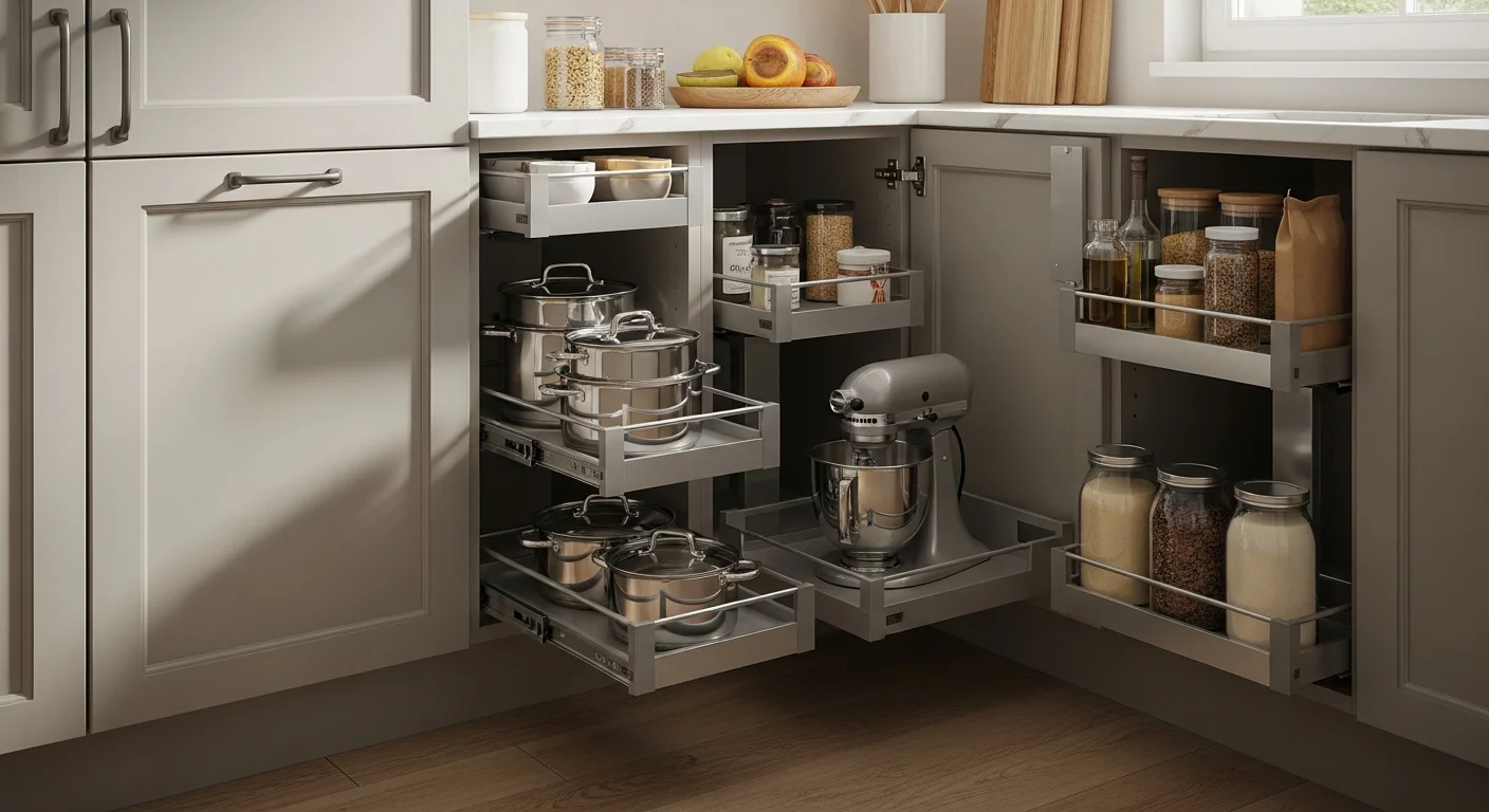 Organized kitchen cabinet interior in a Marietta home showing pull-out trays, drawer inserts, and adjustable shelving installed by New Vision Cabinet Refacing. Cabinet boxes are fitted with storage components that keep cookware and pantry items sorted and accessible.