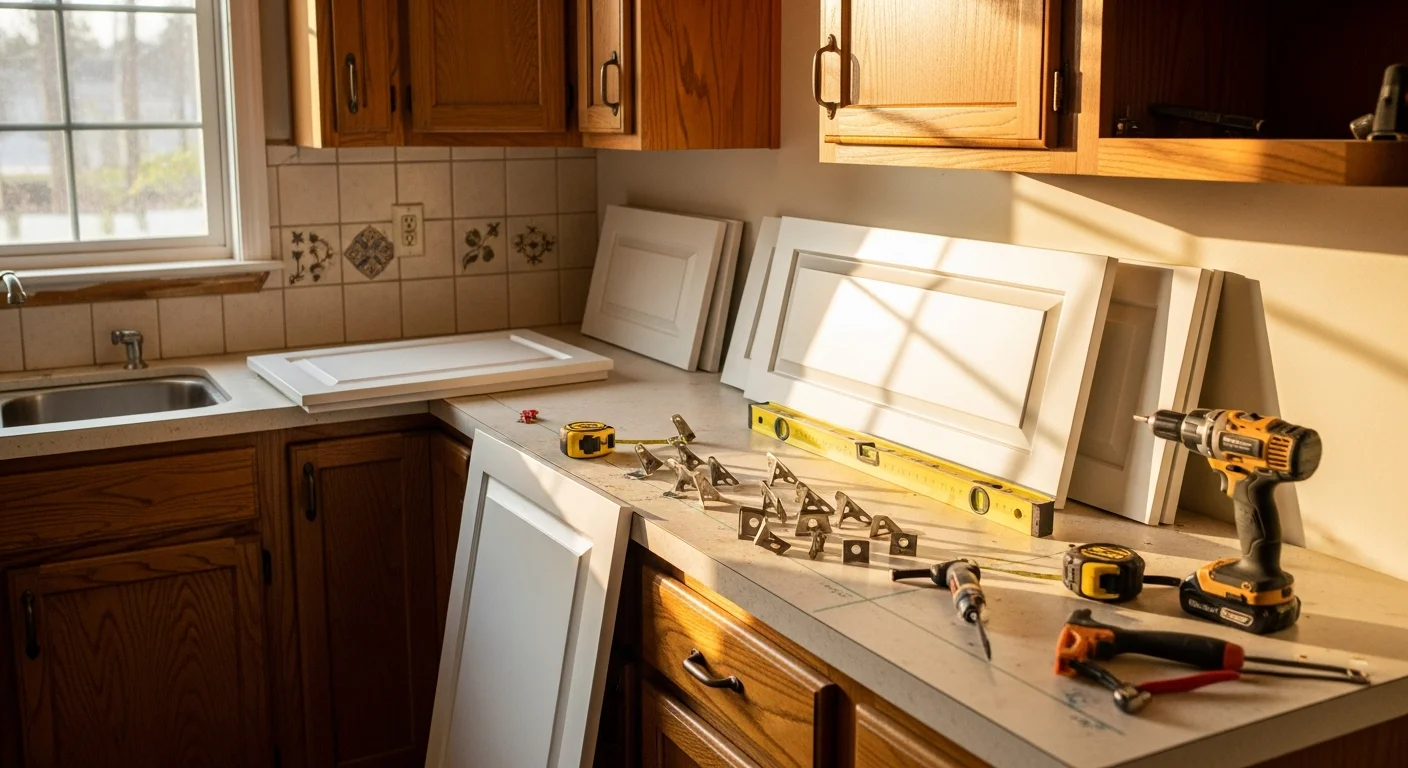 Refaced kitchen cabinets with new door fronts and updated hardware in a Marietta, Georgia home. The cabinet boxes are original to the home, with a clean, modern finish applied over the existing structure.