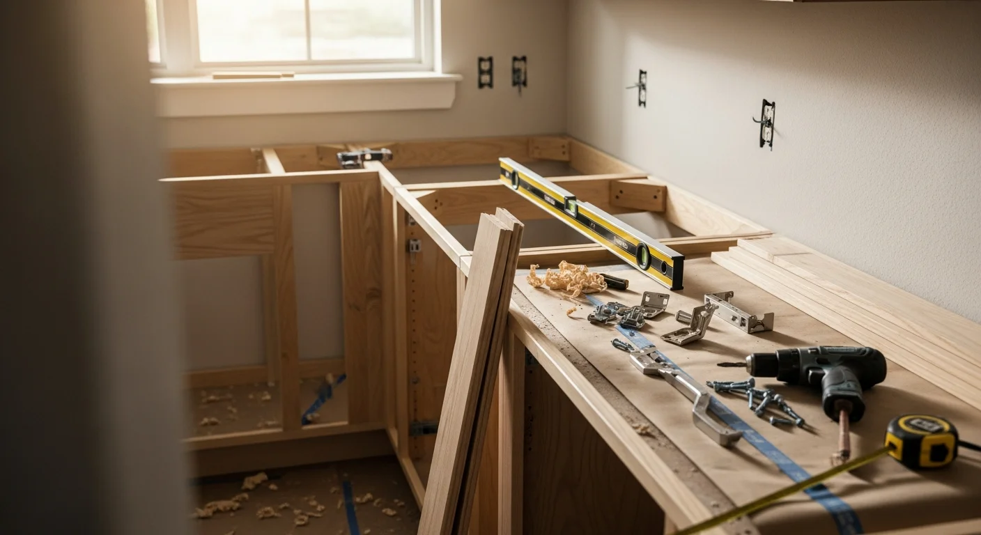 Freshly installed ready-to-assemble kitchen cabinets in a Marietta home, showing level wall cabinet runs and fitted base cabinets with adjusted door hardware. Clean filler strips and toe kicks complete the built-in look along the kitchen perimeter.
